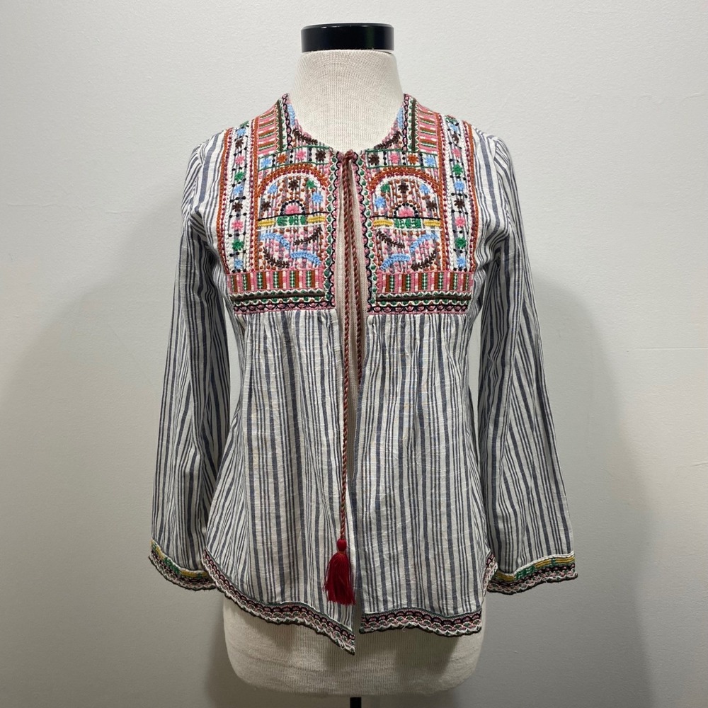 Raga Embroidered Open Front Striped Tassel Cardigan‎ Top Boho Bohemian - Picture 2 of 9